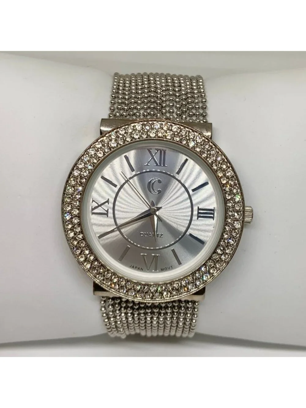 C Women’s quartz analog watch silver tone rhinestones 40mm size 6”-6.5” running